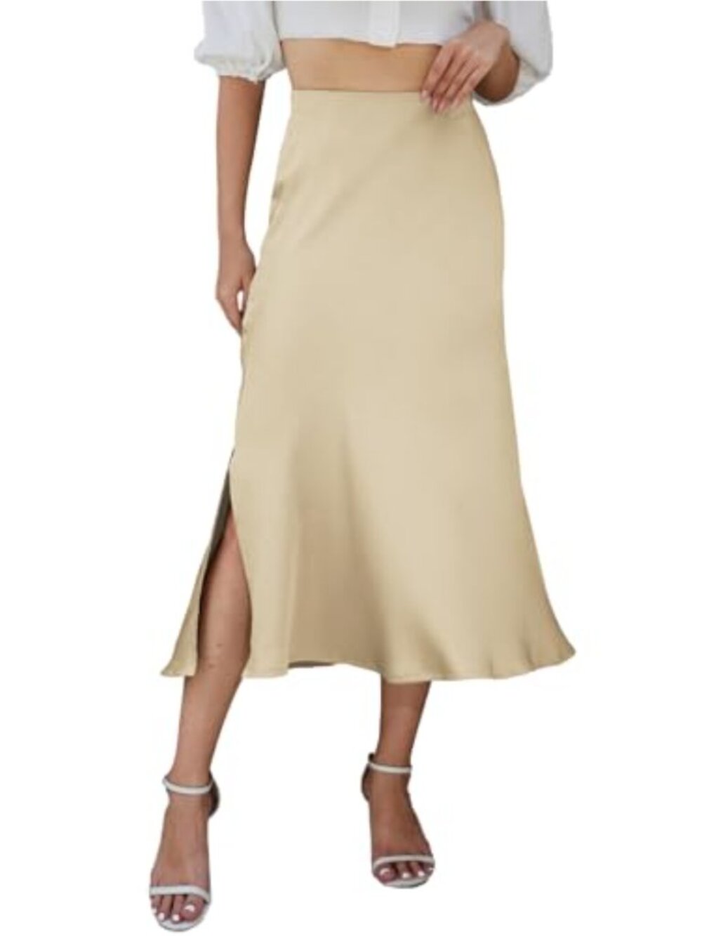 Midi Satin Skirt Side Slit High Elastic Waisted Long Elegant Summer